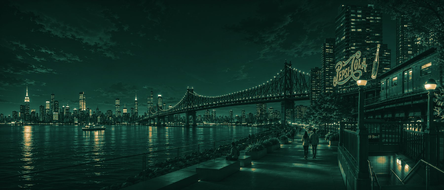 The Long Island City waterfront at night — the Queensboro Bridge, the Manhattan skyline and the elevated 7 train